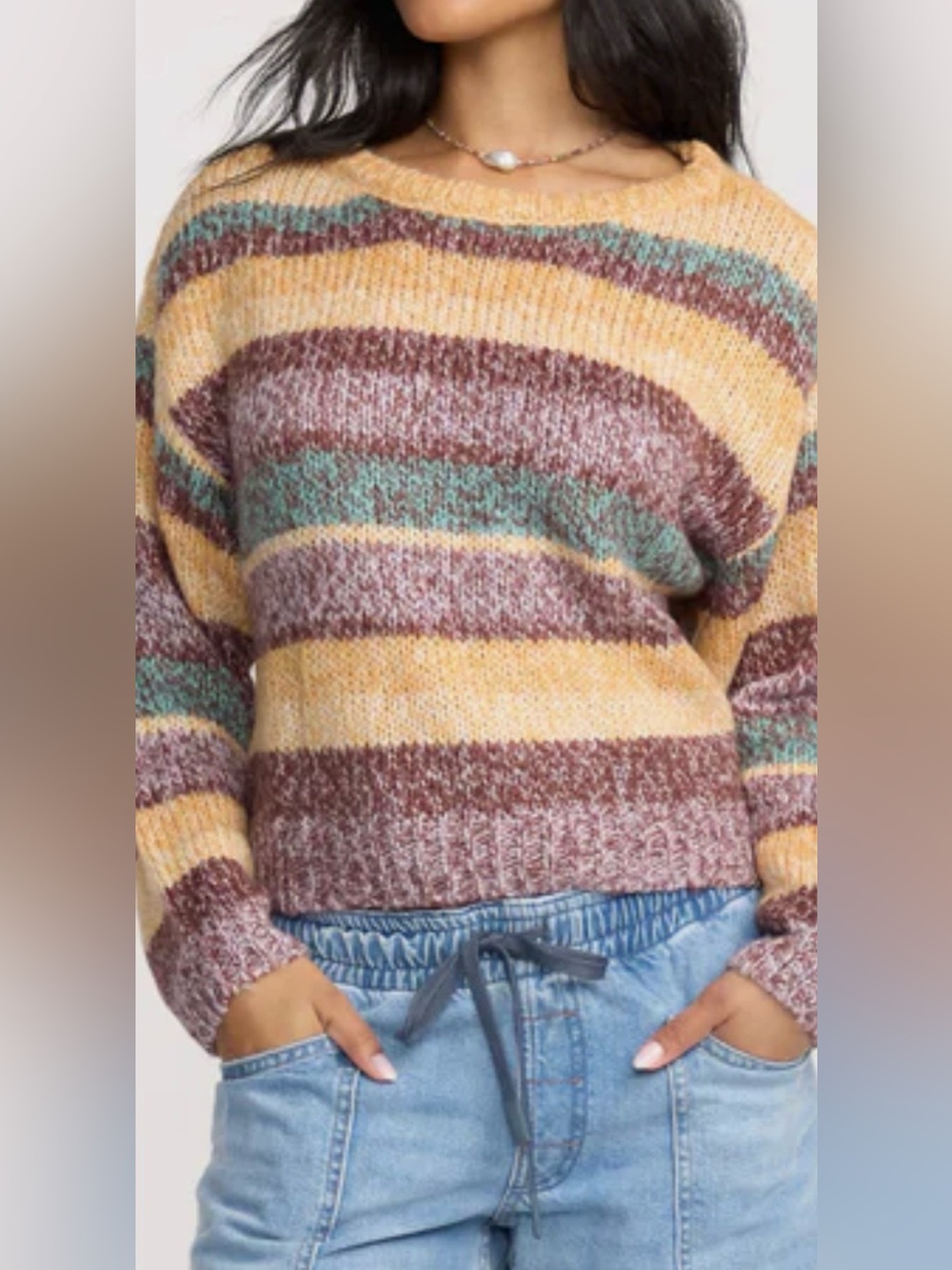 Billabong So Spaced Out boxy cropped crewneck striped multicolor sweater - Picture 2 of 8